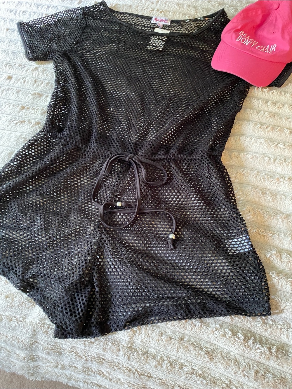 MARINA Black Mesh Beach Romper One-Piece Romper with Drawstring and included